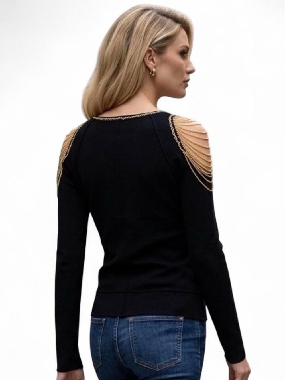 Roberto Cavalli Black Sweater Gold Chain Detail